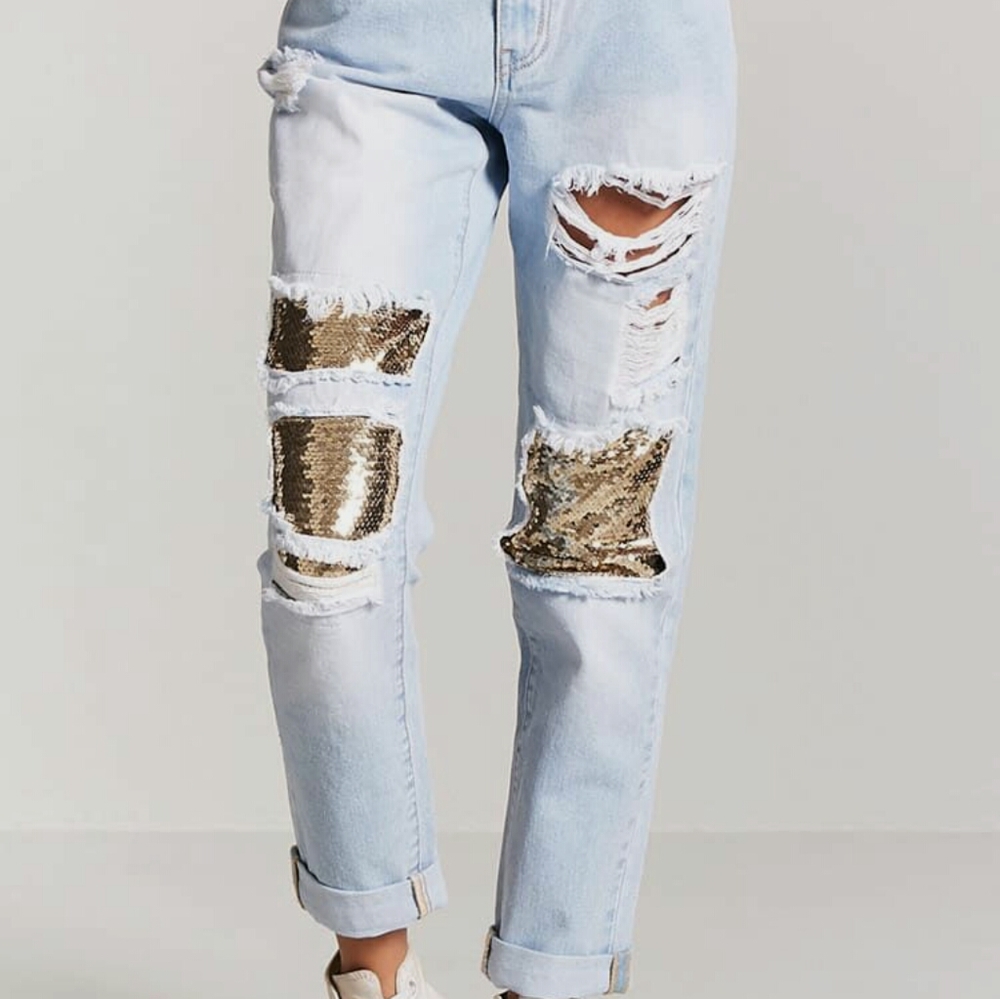 FOREVER 21 GOLD SEQUIN DISTRESSED JEANS SZ. 27 |